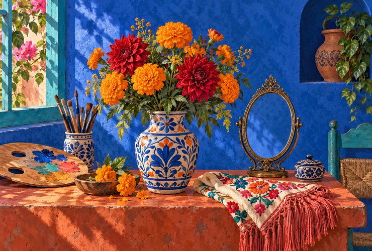 Illustrazione di uno studio d’artista con fiori, colori e uno scialle ricamato