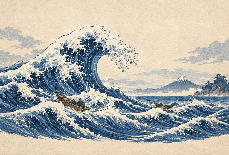Una grande onda blu con schiuma bianca, barche e un monte sullo sfondo