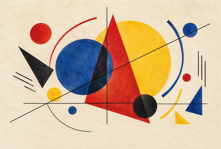 Composizione astratta di cerchi, linee e campiture gialle, rosse e blu