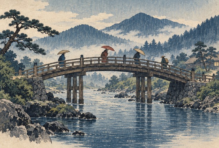 Paesaggio giapponese illustrato con ponte, fiume, pioggia e montagne