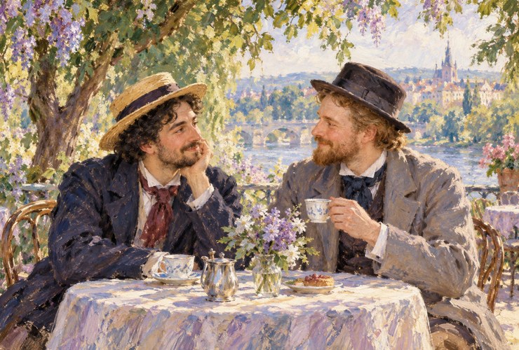 Illustrazione di due persone che conversano a un tavolo in un giardino