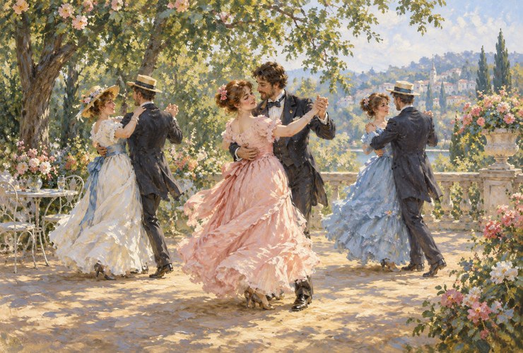 Illustrazione di una festa all’aperto con coppie che ballano e luce tra gli alberi