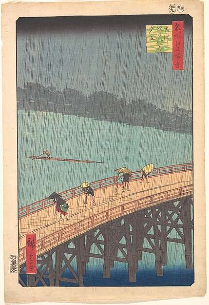 Hiroshige, acquazzone sul ponte Shin-Ōhashi: passanti sotto la pioggia e fiume sullo sfondo