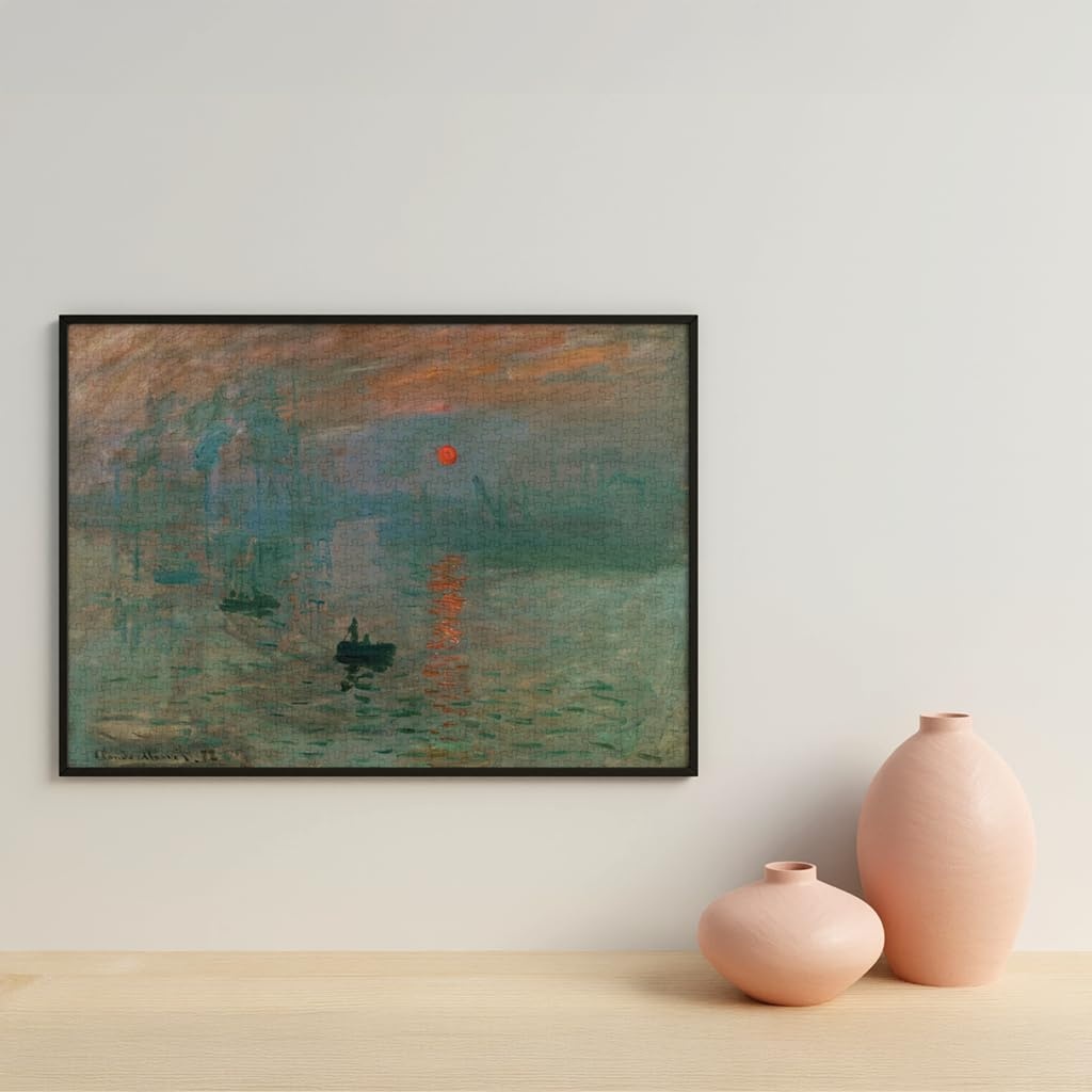 Puzzle Impressione, levar del sole di Monet incorniciato in un ambiente con vasi decorativi